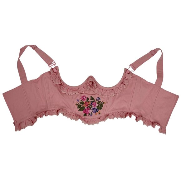 Sugar Thrillz Pink Embroidered Floral Under Bust Crop Top • Coquette Soft Goth L - Picture 7 of 14